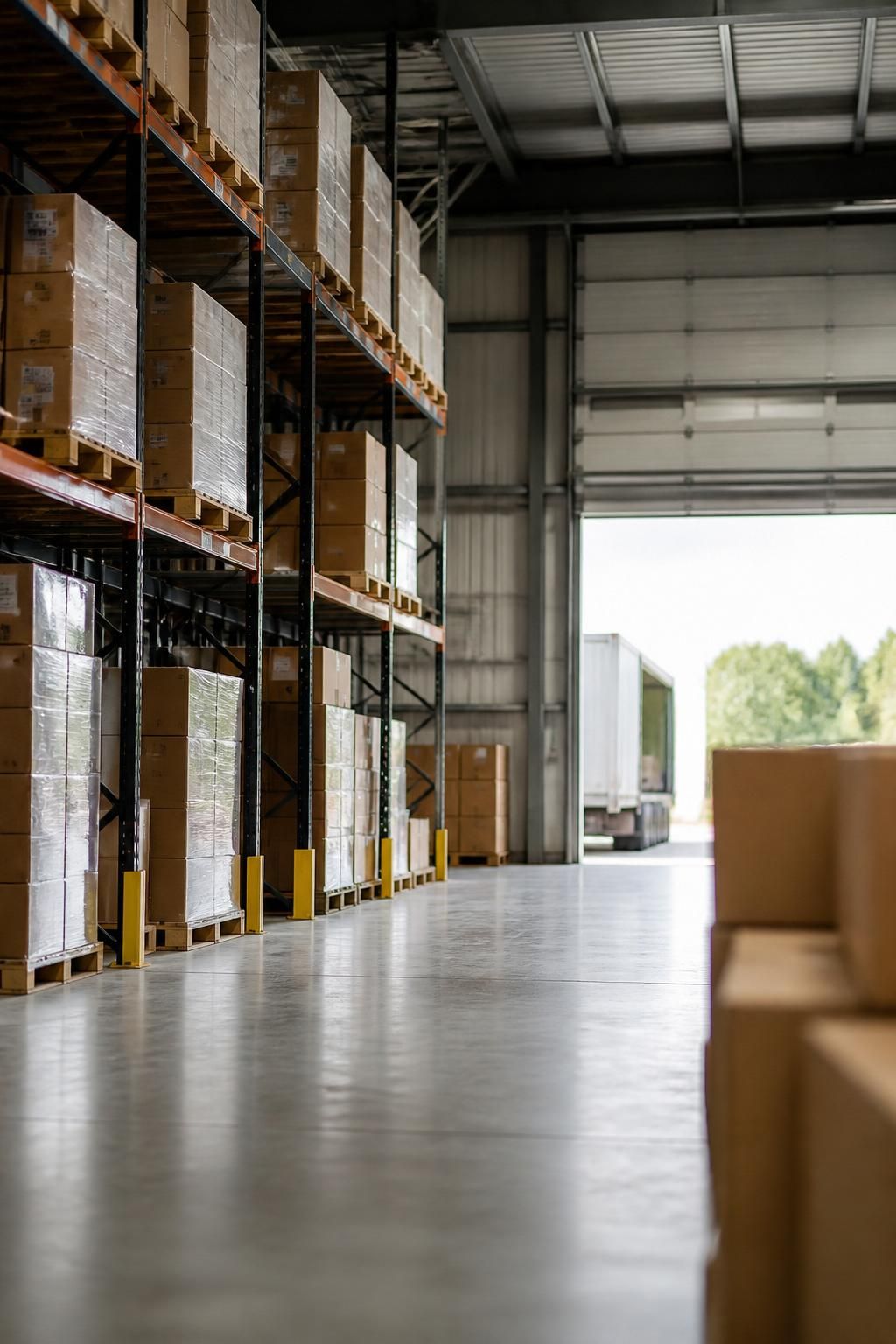 Clean logistics storage area with organized shelving and loading space.