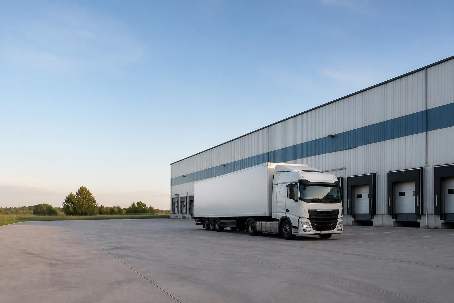 Modern freight yard with a truck and open space for text.