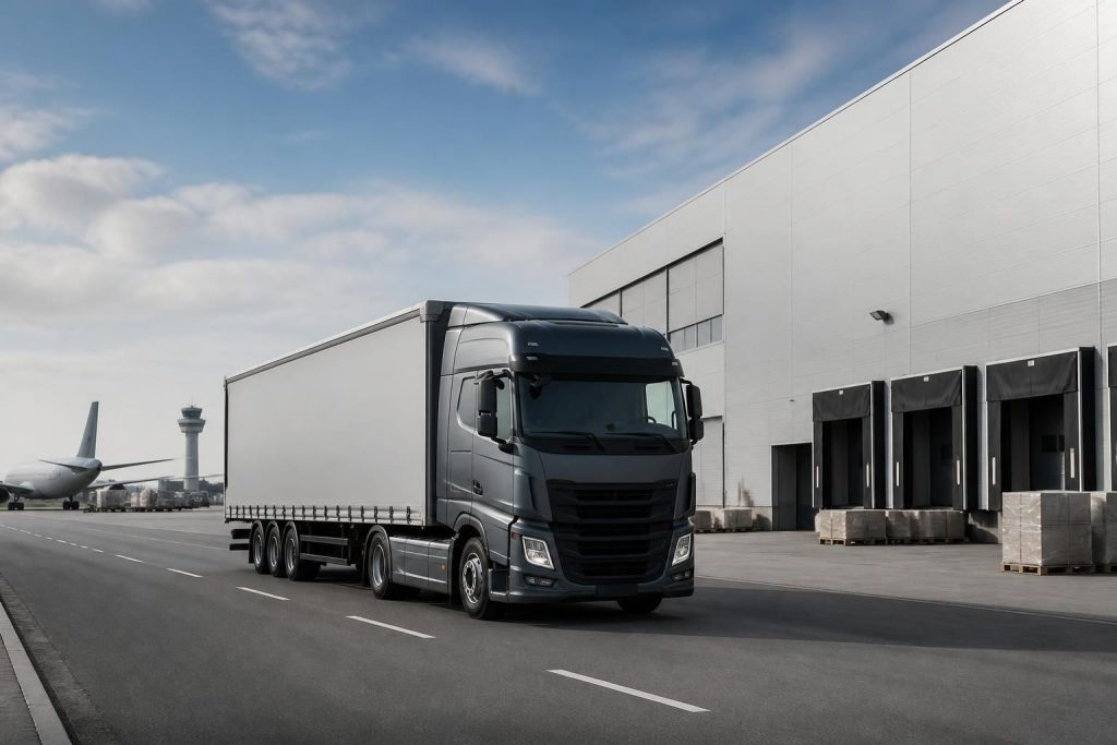 Freight truck beside a modern warehouse with cargo operations in the background.
